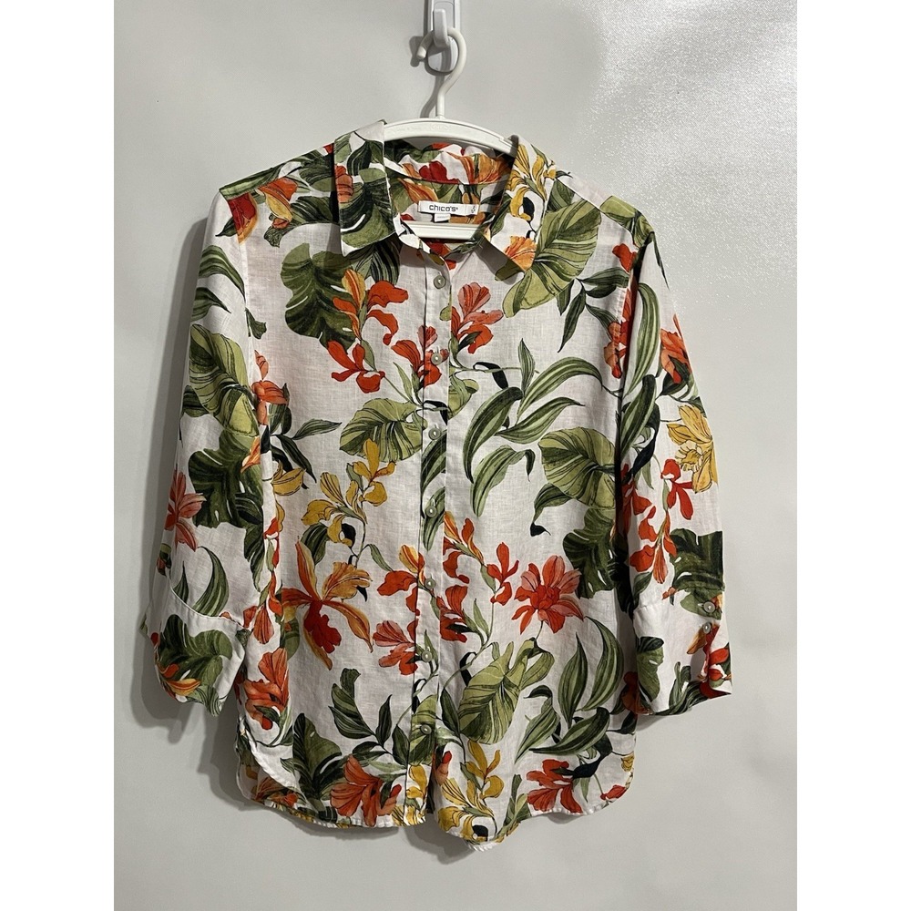 Chico's Sz 12 No Iron™ Tropical Floral Linen Shirt Women's Resort Cruise Beach